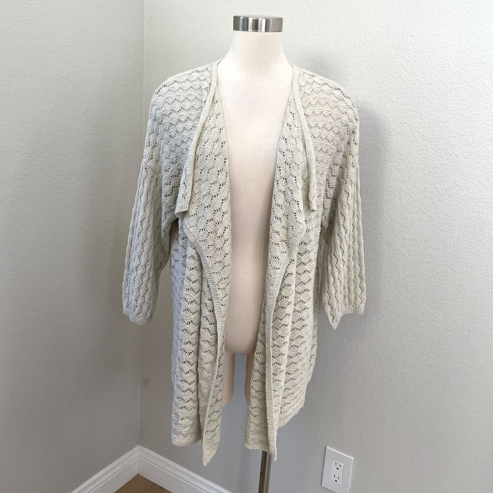 J Jill Womens XL Open Front Cardigan Sweater 3/4 Sleeve Beige Pointelle Knit
